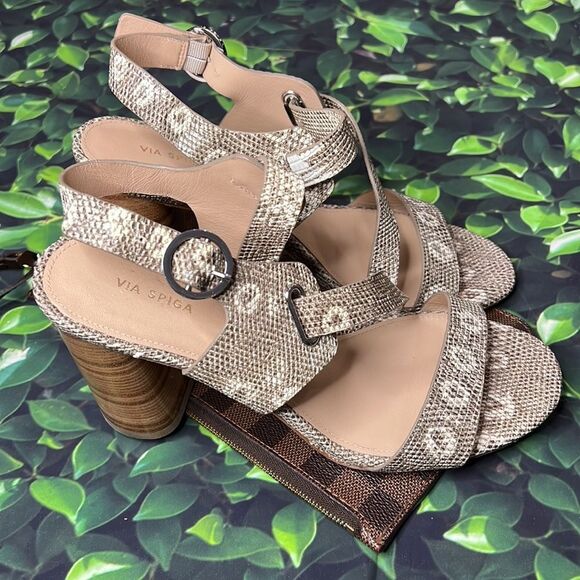 Via Spiga brown and cream snake, print with large round wooden heels - Picture 3 of 8